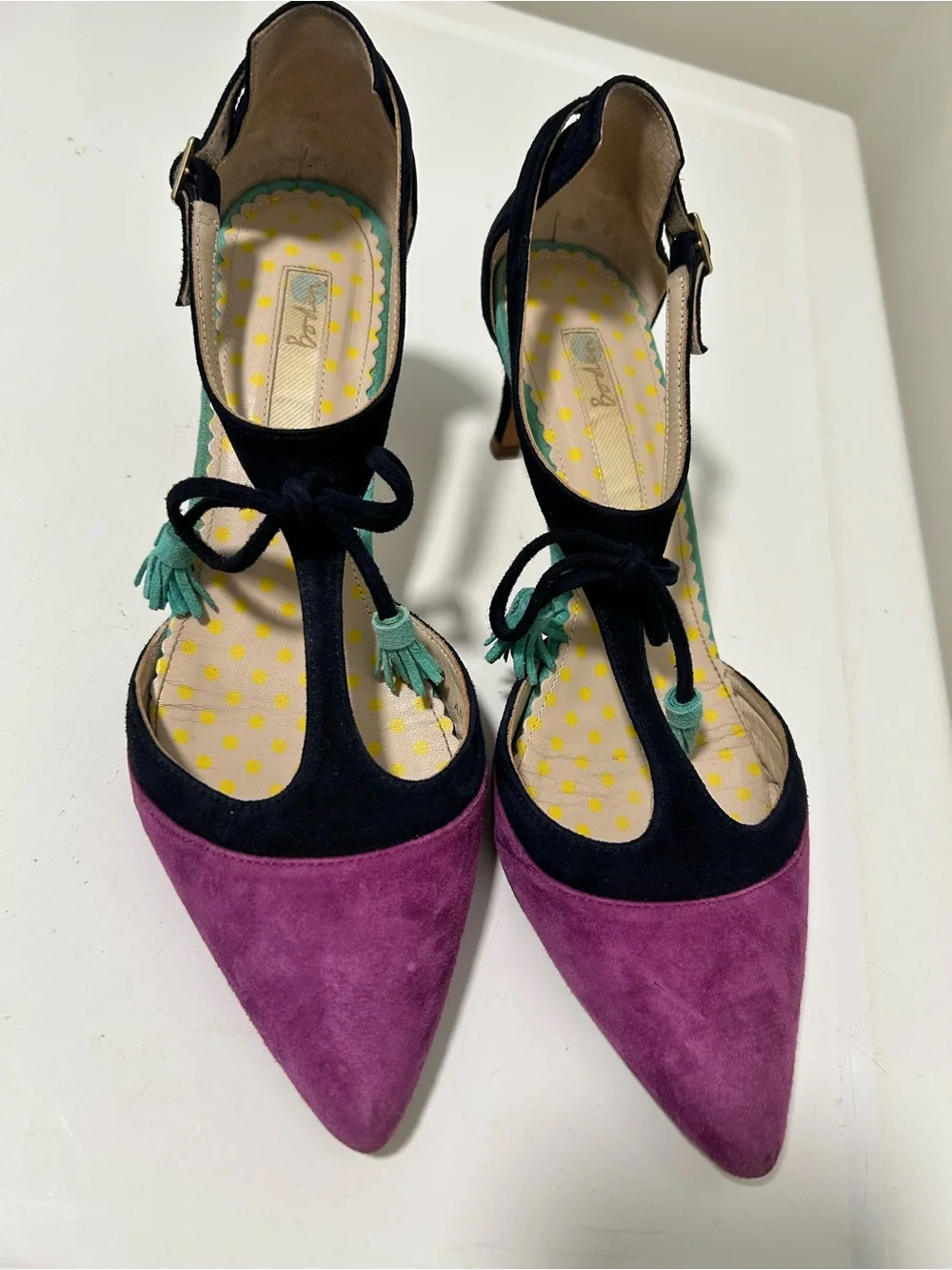 Boden Alice Suede Tassel Heels Pointed Toe Navy Purple Size 6 US 37 EU